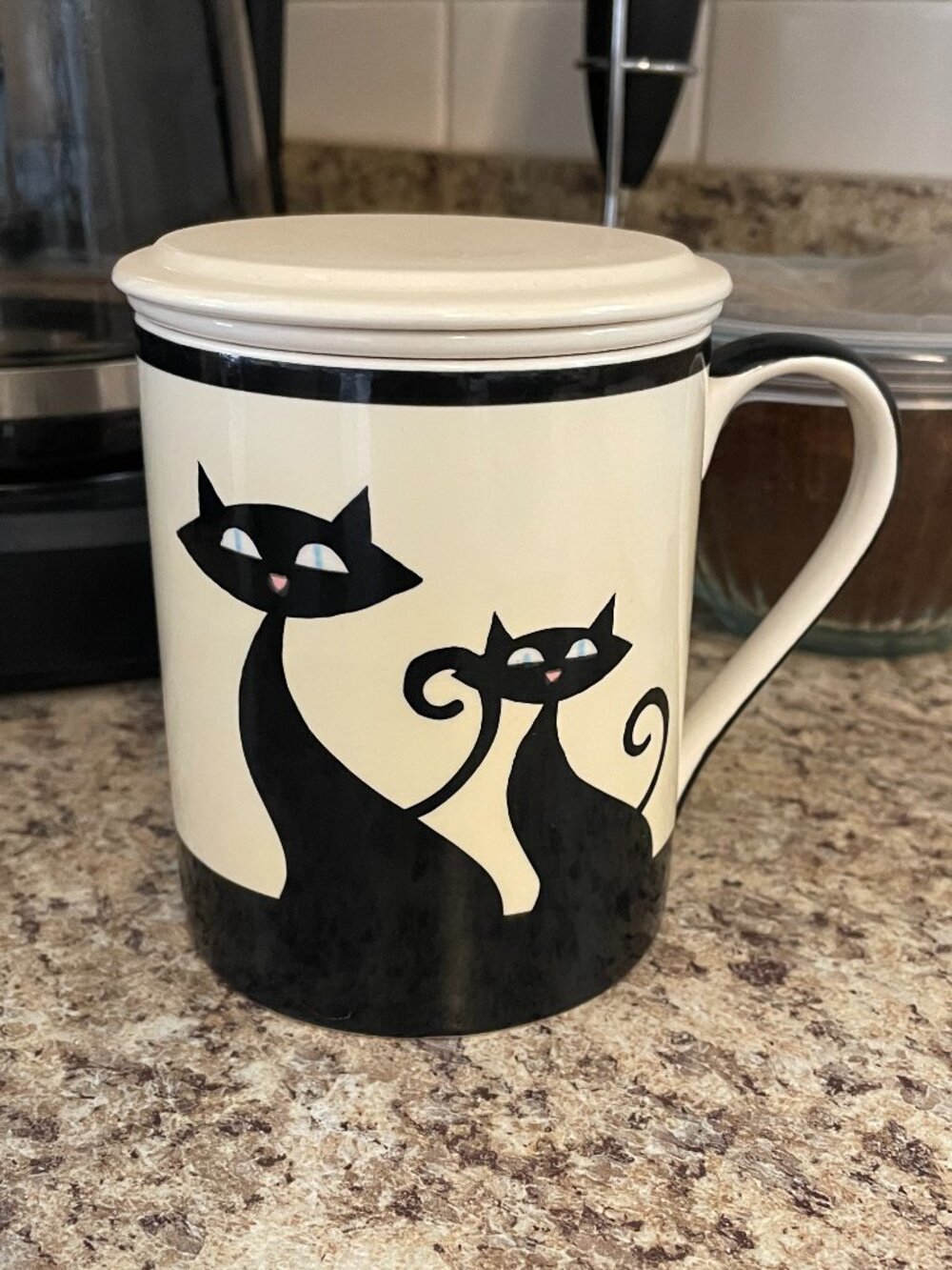 Never Used! Rare HUESNBREWS Black Cats Mug Cup, Strainer & Lid FULL SET.